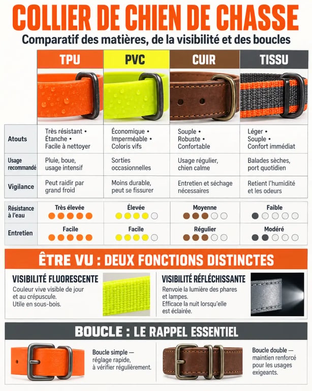 Infographie comparative sur le collier de chien de chasse selon la matière, la boucle et la visibilité