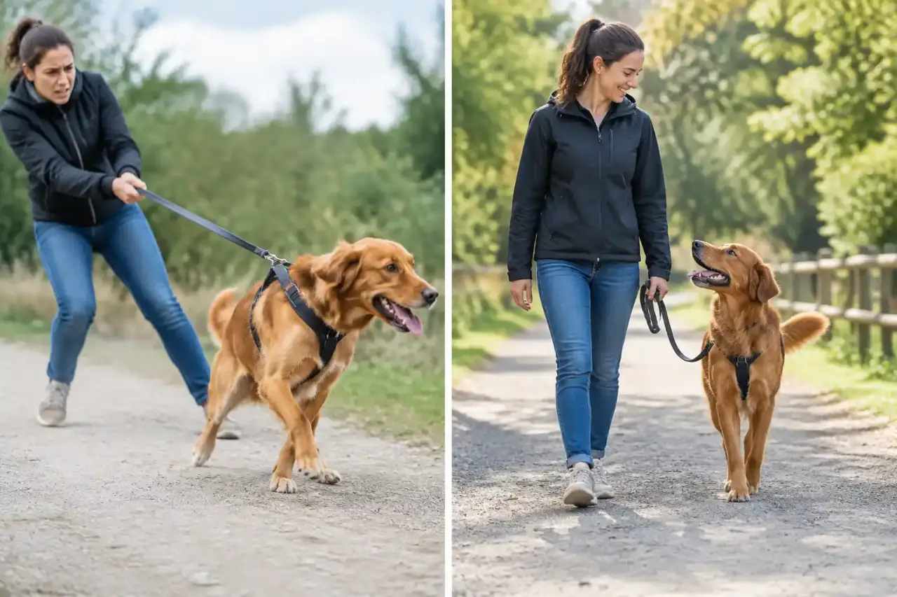 Chien promené calmement en laisse aux côtés de son humain