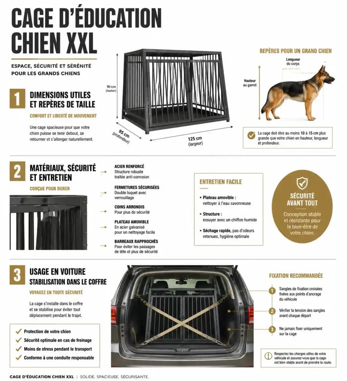 Infographie cage d’éducation chien XXL : dimensions, matériaux, sécurité et usage en voiture