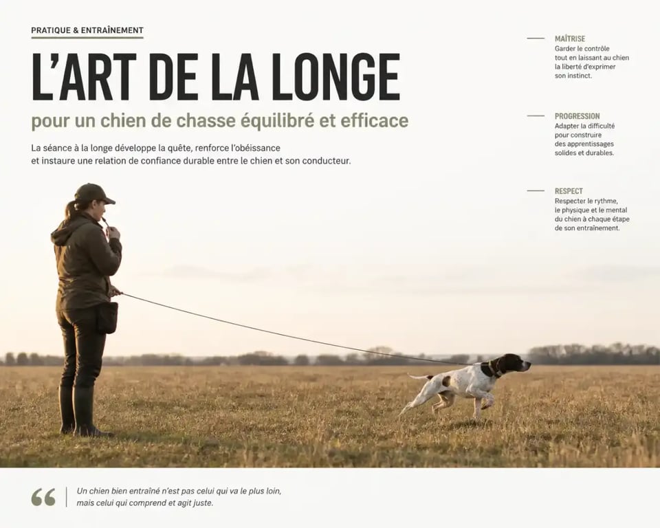 Dressage chiens de chasse : exercice de rappel au sifflet et travail à la longe en plein champ