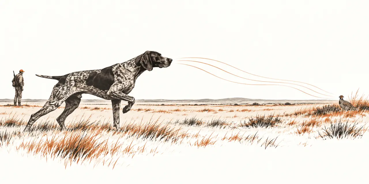 Chien d’arrêt en posture d’arrêt face au vent dans un paysage de chasse