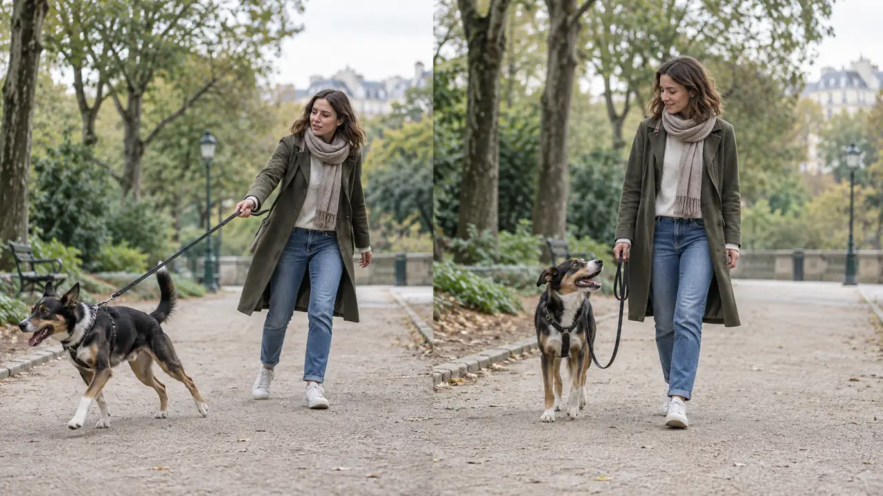 Chien marchant calmement en laisse aux côtés de son humain