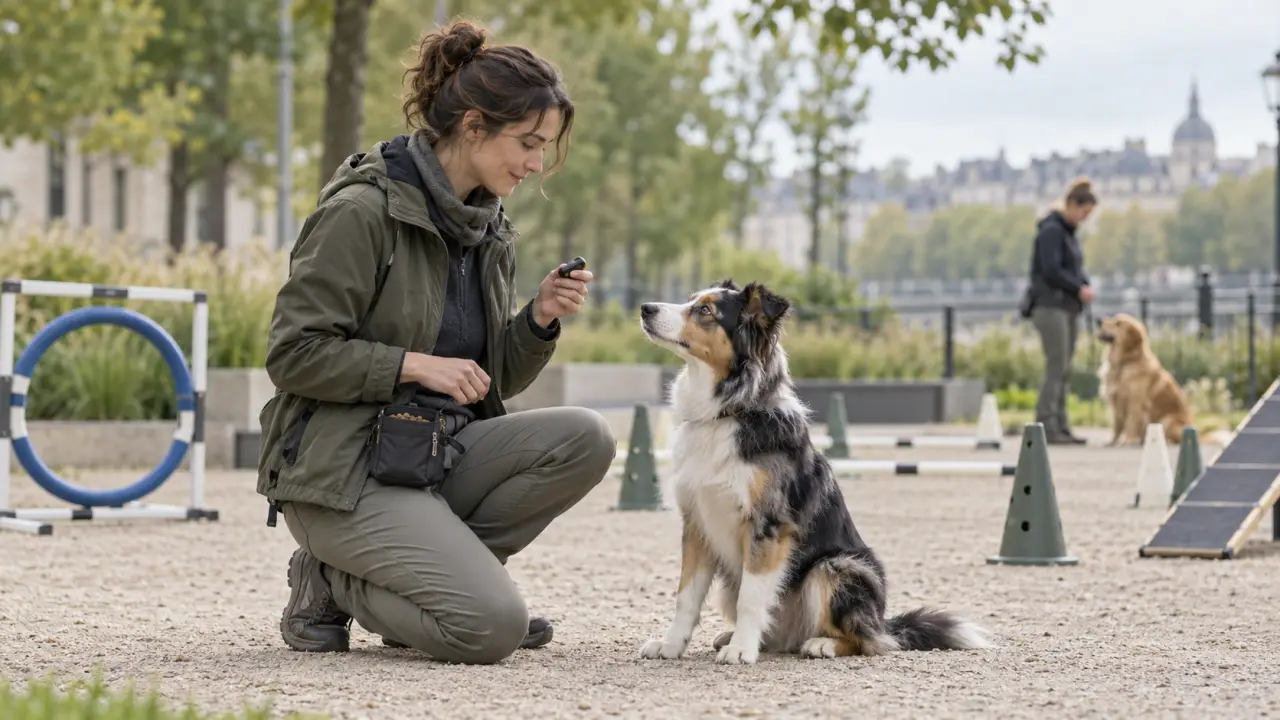 Un chien attentif auprès de son éducateur pendant une séance d’apprentissage structurée