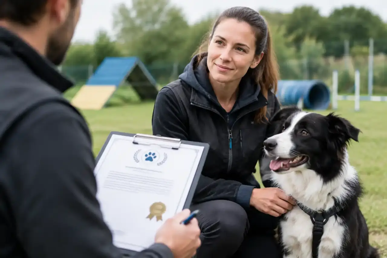 Éducateur canin accompagnant un chien pendant une séance d’éducation