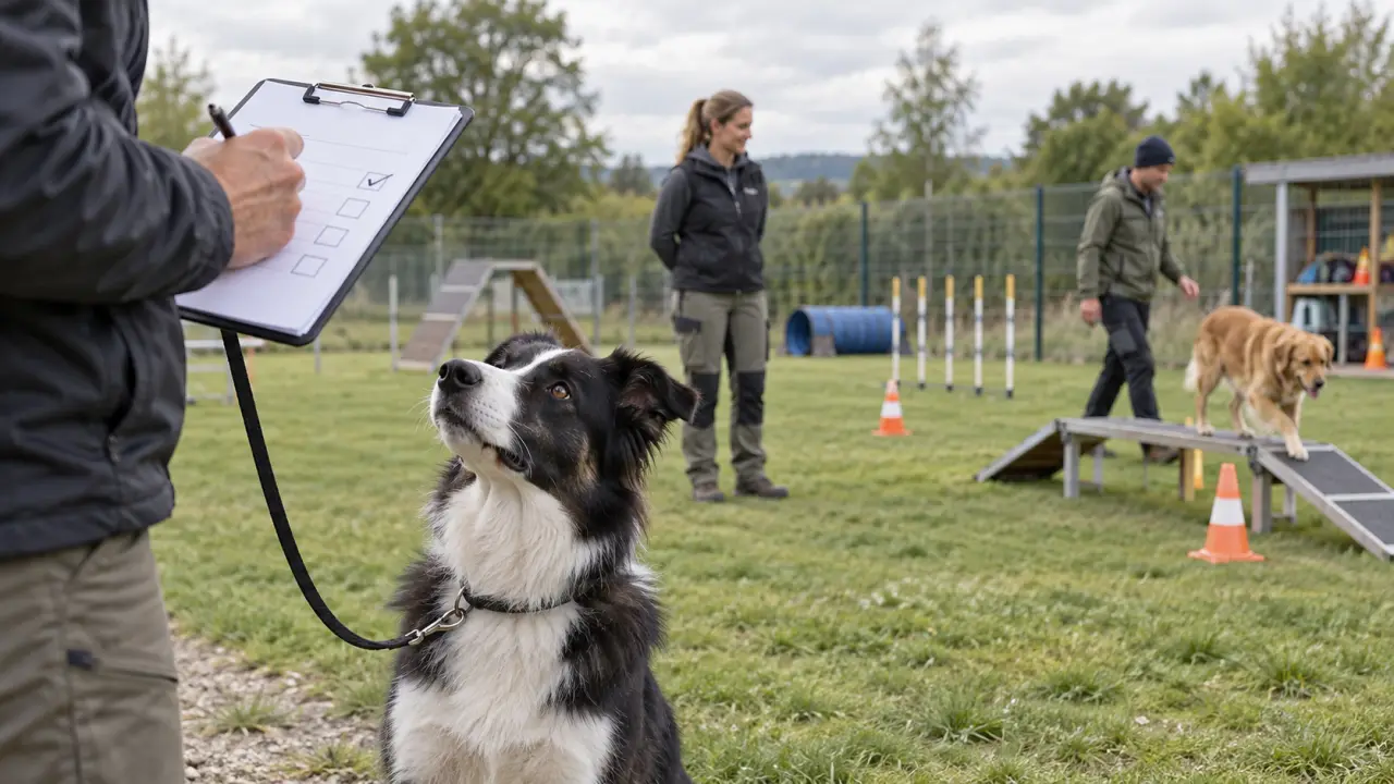 Chien encadré pendant une séance d'éducation canine sur un terrain