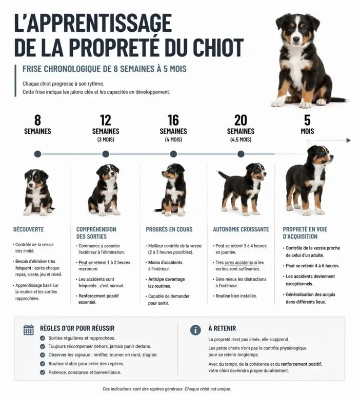 Frise de l'apprentissage de la propreté chez le chiot avant de savoir comment punir un chien qui fait pipi dans la maison
