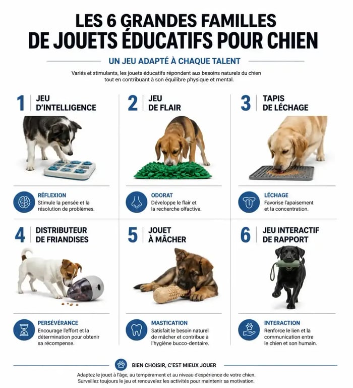 Jouet educatif chien : infographie des types de stimulation mentale, olfactive et masticatoire