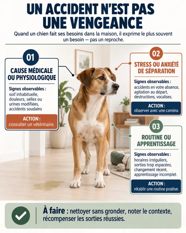 Infographie : mon chien fait caca dans la maison pour se venger ou à cause d’un problème médical, du stress ou de la routine