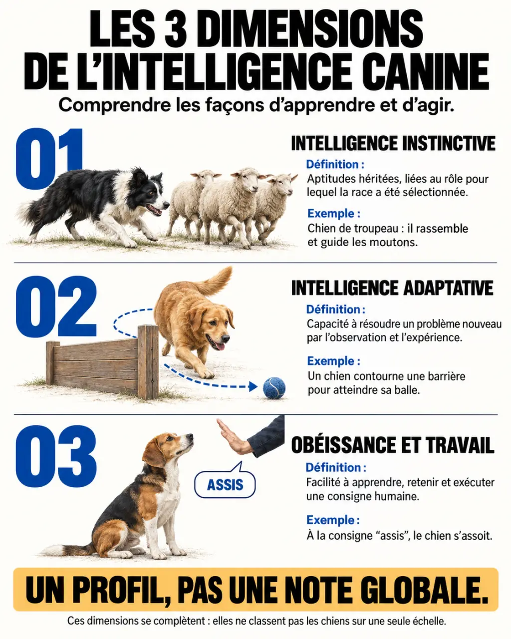 Infographie sur les trois types d’intelligence chien : instinctive, adaptative et obéissance