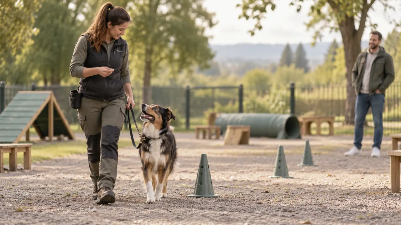 Chien accompagné par son éducateur lors d'une séance d'apprentissage