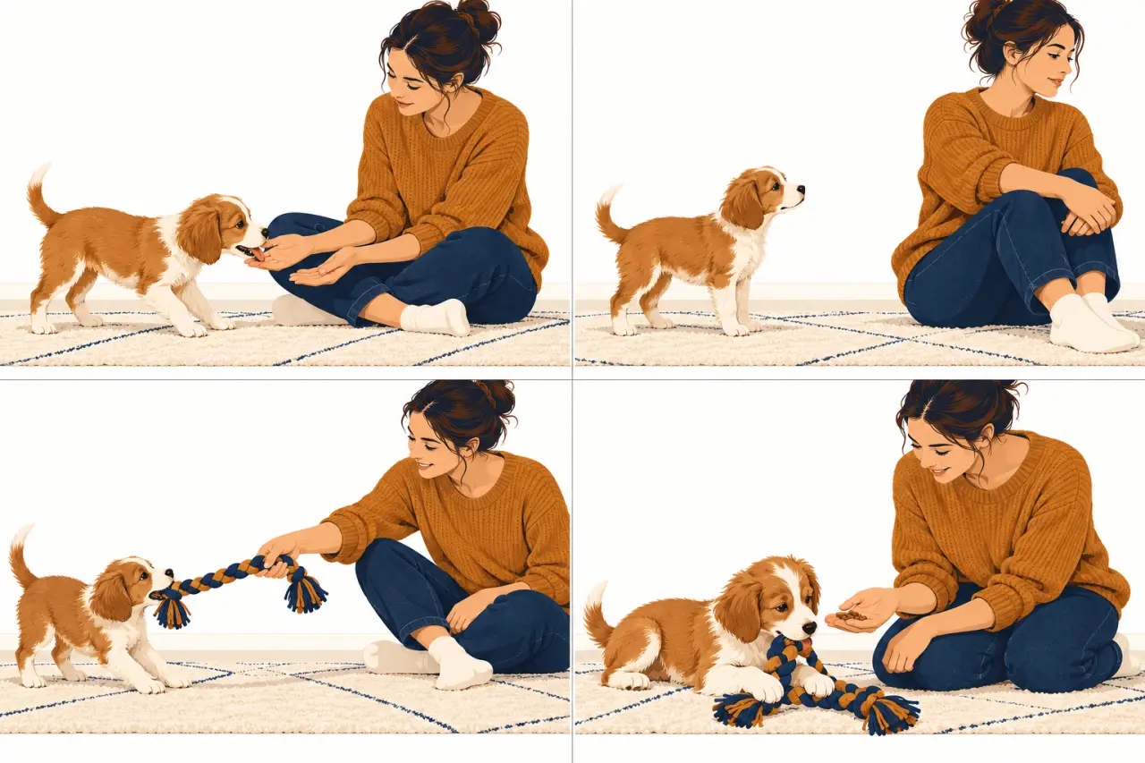 Illustration des gestes à appliquer quand un chiot mordille les mains