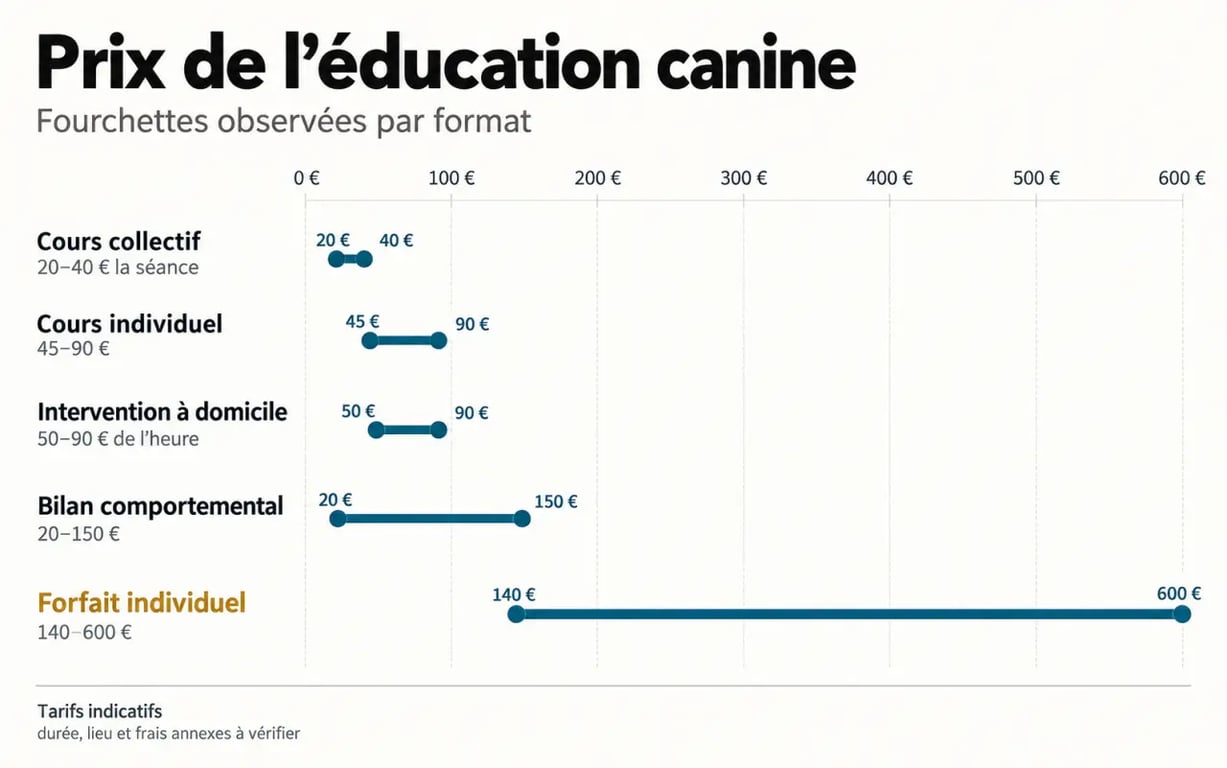 Éducation canine prix : fourchettes tarifaires des cours individuels, collectifs, à domicile et forfaits