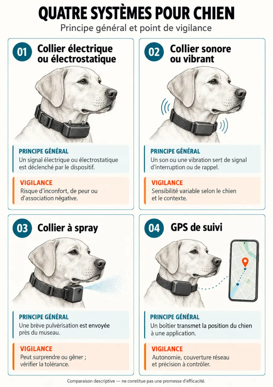 Infographie sur le collier electrique chien et les alternatives sonores, vibrantes, à spray et GPS
