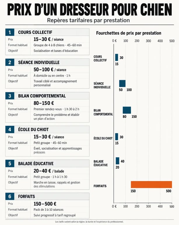 Infographie sur le prix d’un dresseur pour chien selon la prestation choisie