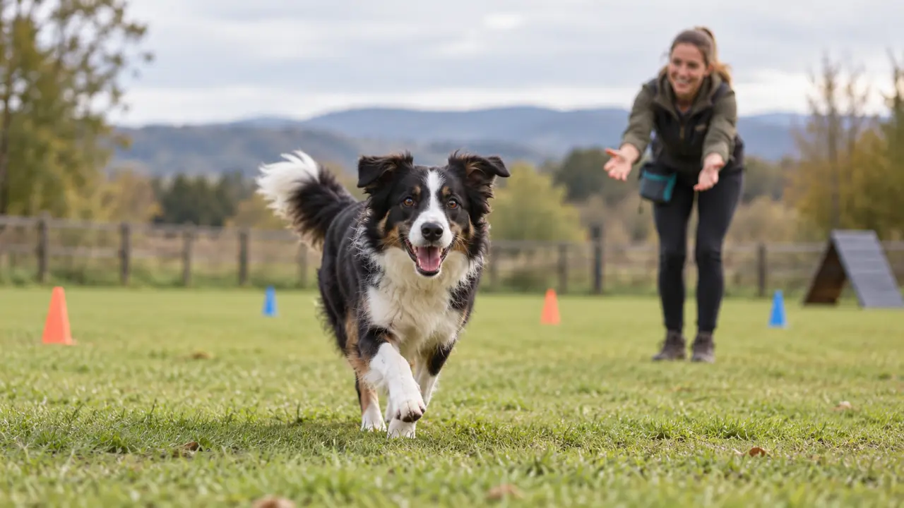 Chien revenant vers son maître pendant un exercice de rappel