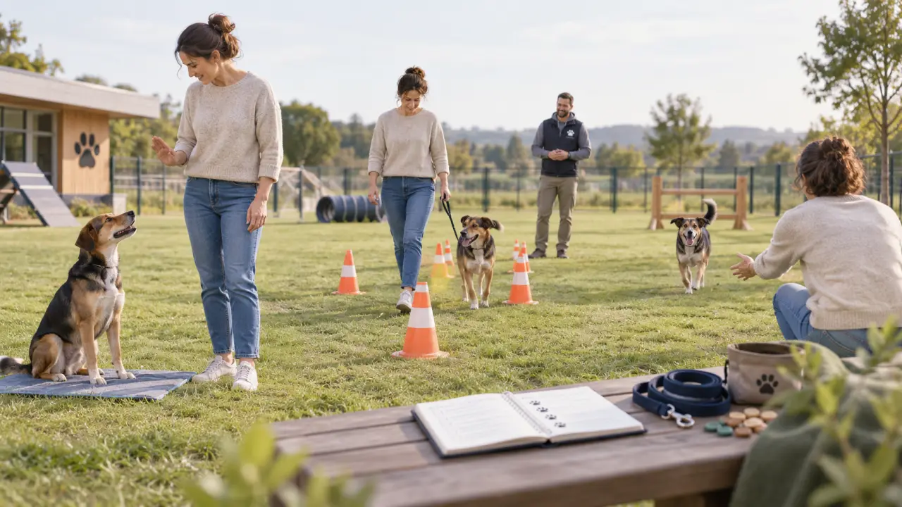 Chien accompagné par son propriétaire pendant une séance d’éducation canine