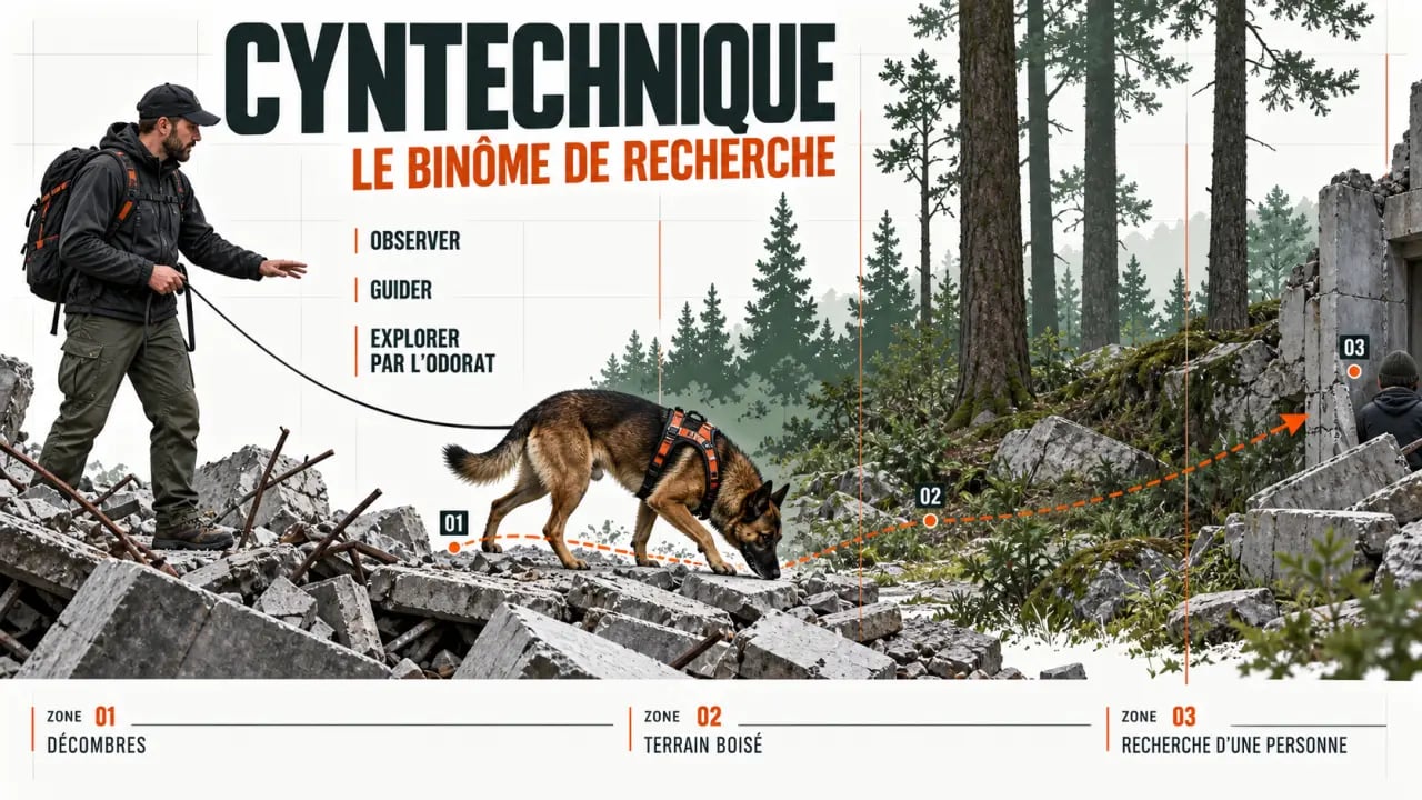 Illustration d'un binôme homme-chien en mission de cynotechnique pour la recherche et le sauvetage