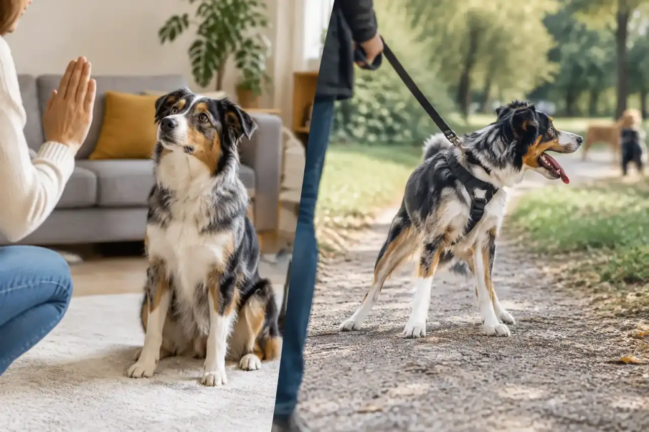 Chien en apprentissage de l'obéissance dans un environnement extérieur