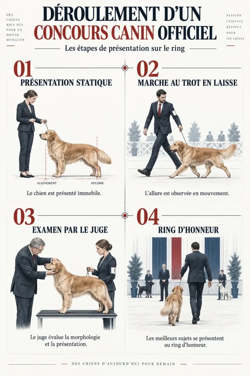 Concour de beauté chien : présentation statique, examen du juge et passage sur le ring