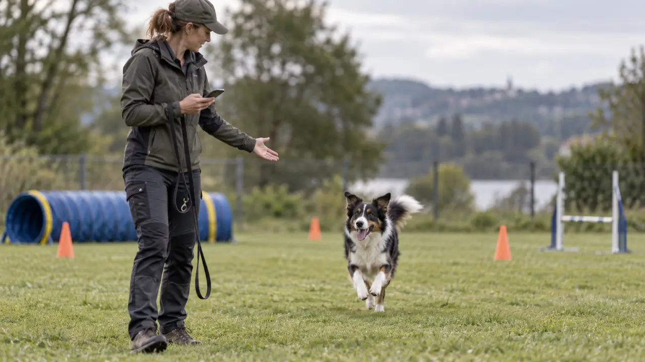 Chien en exercice de rappel avec son propriétaire