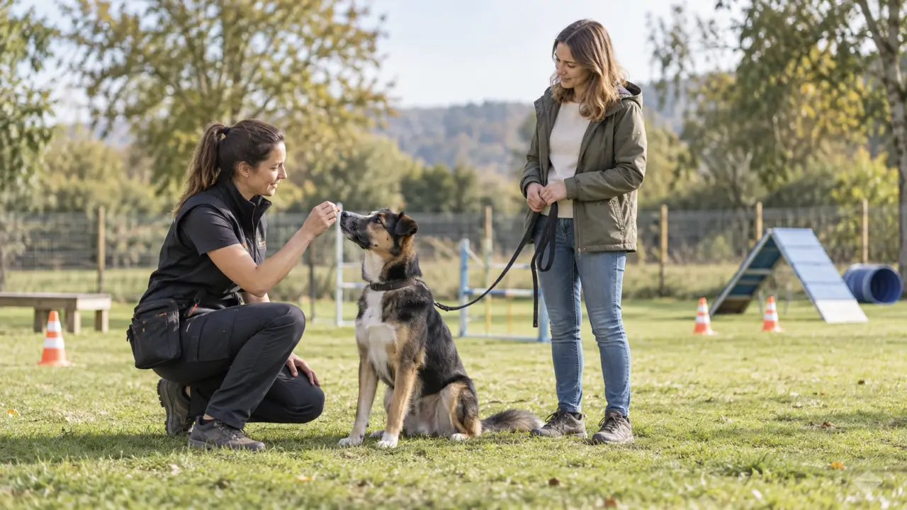 Chien attentif aux côtés de son propriétaire pendant un cours d’éducation canine