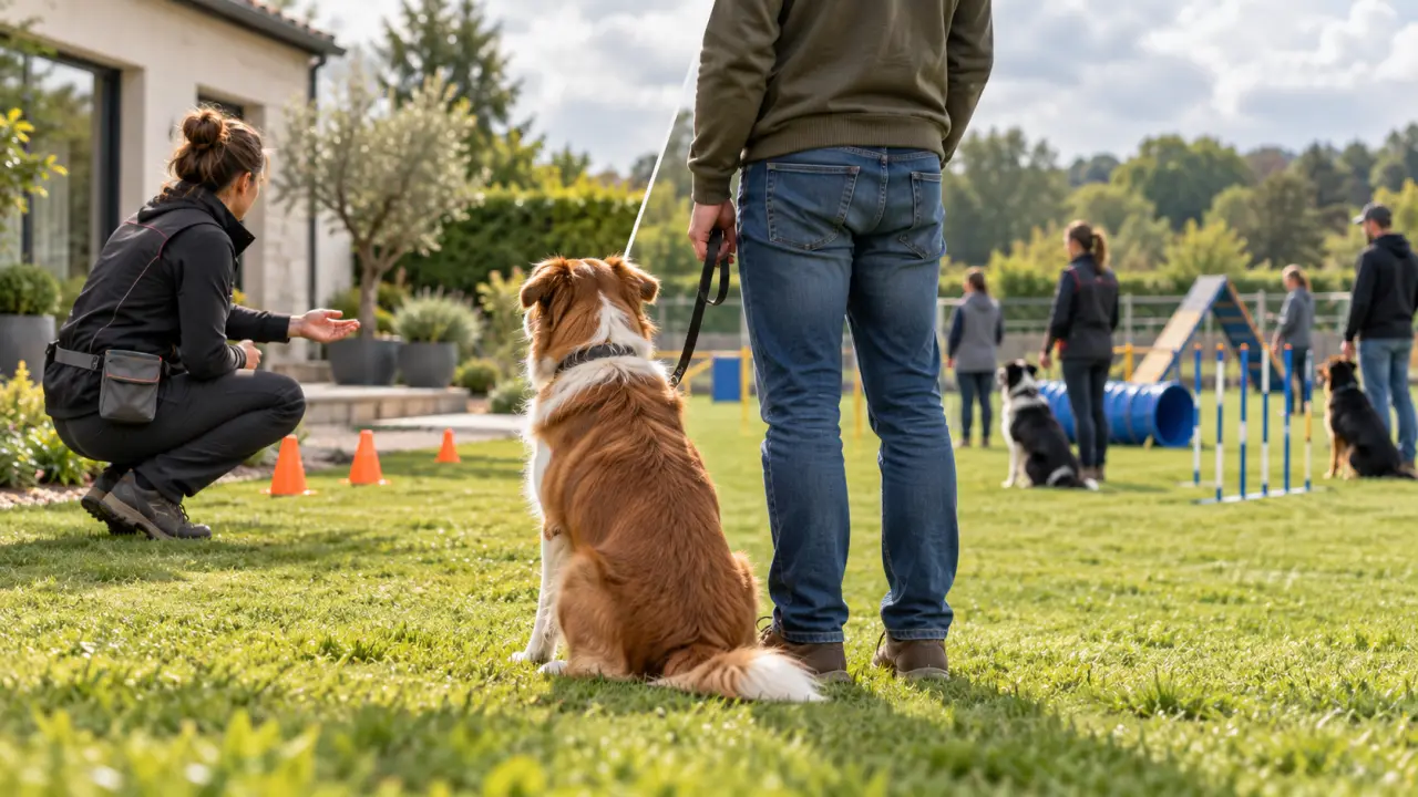 Chien accompagné par son propriétaire pendant une séance d'éducation canine