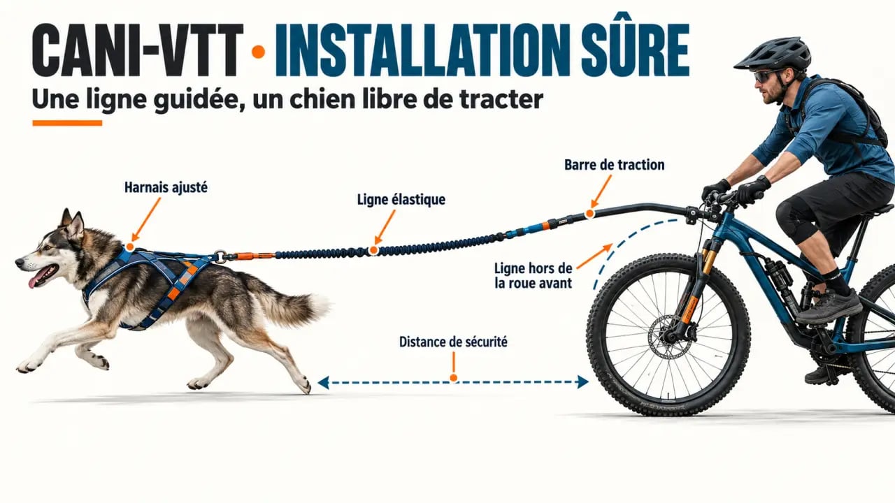 Schéma de sécurité du cani VTT avec harnais, ligne élastique et barre de traction