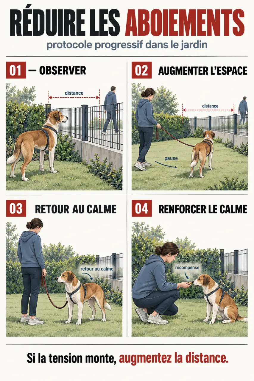 Infographie expliquant comment réduire les aboiements d’un chien dans le jardin avec la distance et la récompense du calme