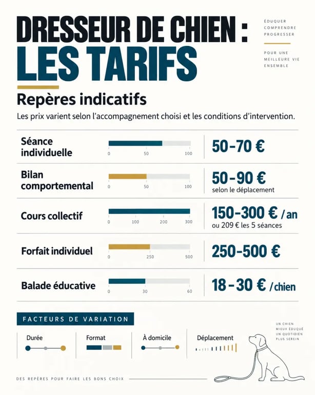 Infographie dresseur de chien tarif : fourchettes de prix selon la prestation, la durée et le déplacement